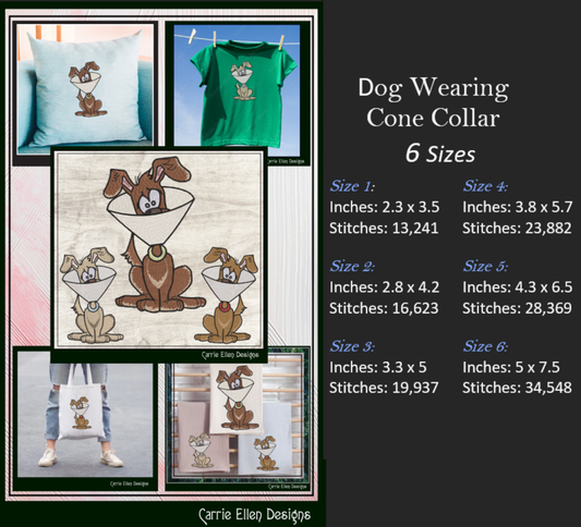 Dog Humor Machine Embroidery Design, Cartoon Dog Wearing a Cone Collar, Confused Dog Embroidery, 6 Sizes (3044)