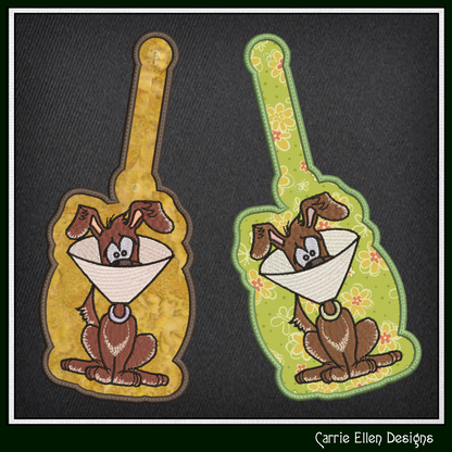 Dog Humor ITH Key Fob Machine Embroidery Design | Cartoon Dog with Cone Collar In-The-Hoop Key Tag (3045)