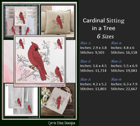 Cardinal Machine Embroidery Design, Red Bird on Branches Stitch File, Bird Watcher Gift Design, 6 Sizes (3048)