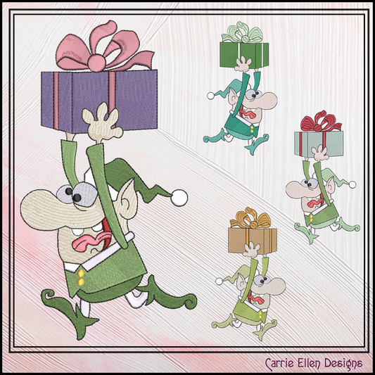 Christmas Elf Machine Embroidery Design, Funny Elf Running with Present, X-mas Holiday Cartoon Design, 6 Sizes (3059)