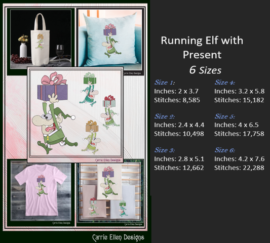 Christmas Elf Machine Embroidery Design, Funny Elf Running with Present, X-mas Holiday Cartoon Design, 6 Sizes (3059)