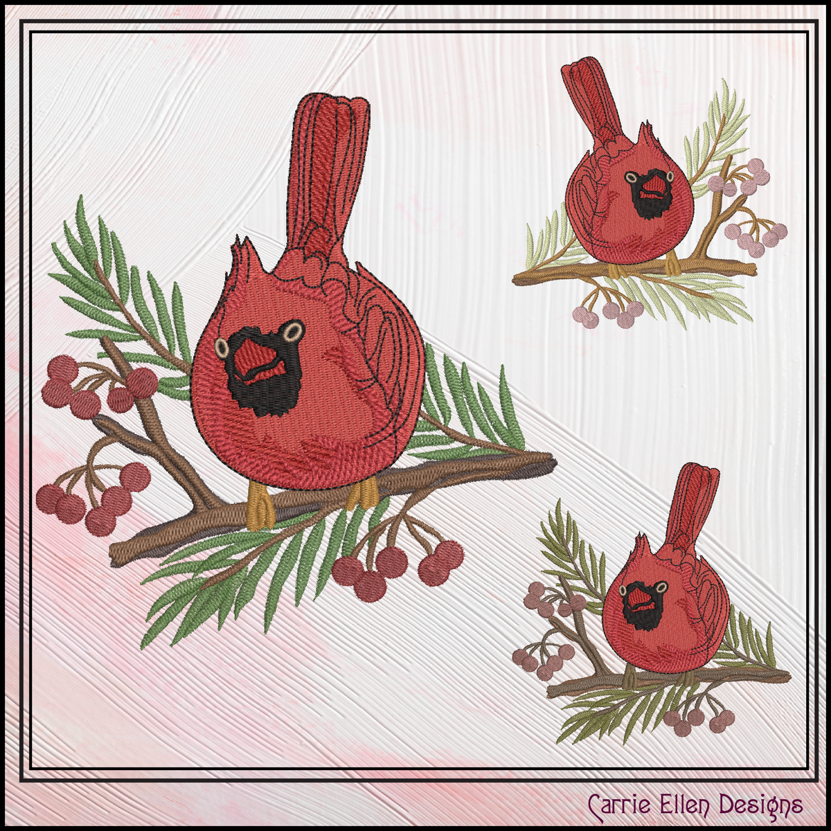 Red Cardinal on Pine Branch with Winter Berries Machine Embroidery Design, 3 Sizes (3071)