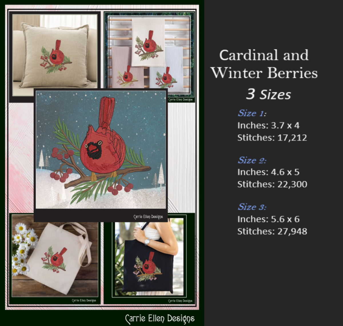 Red Cardinal on Pine Branch with Winter Berries Machine Embroidery Design, 3 Sizes (3071)