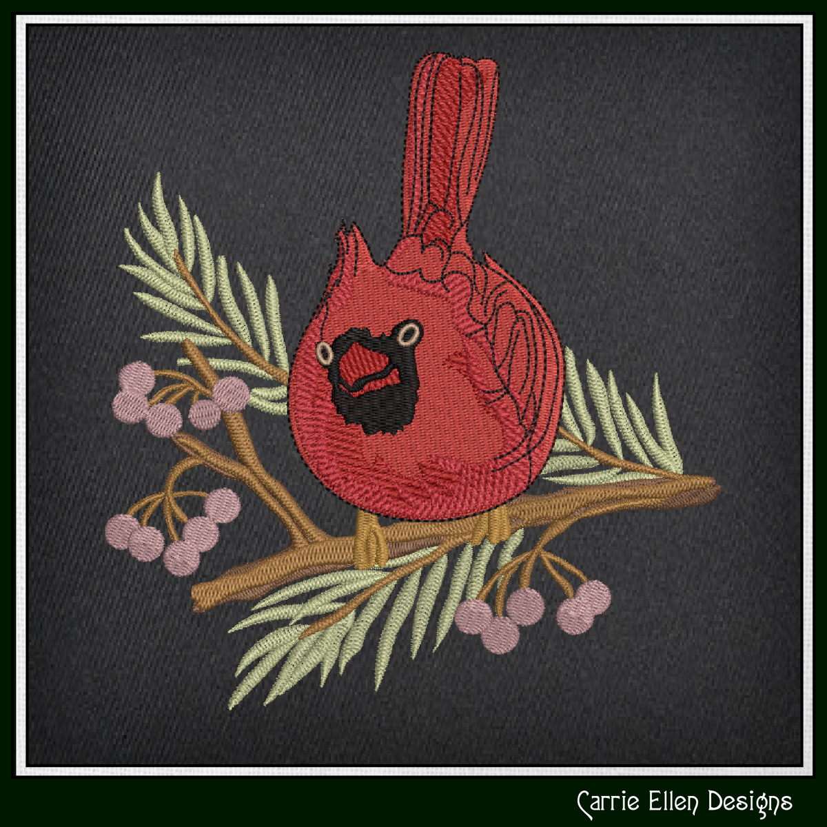 Red Cardinal on Pine Branch with Winter Berries Machine Embroidery Design, 3 Sizes (3071)