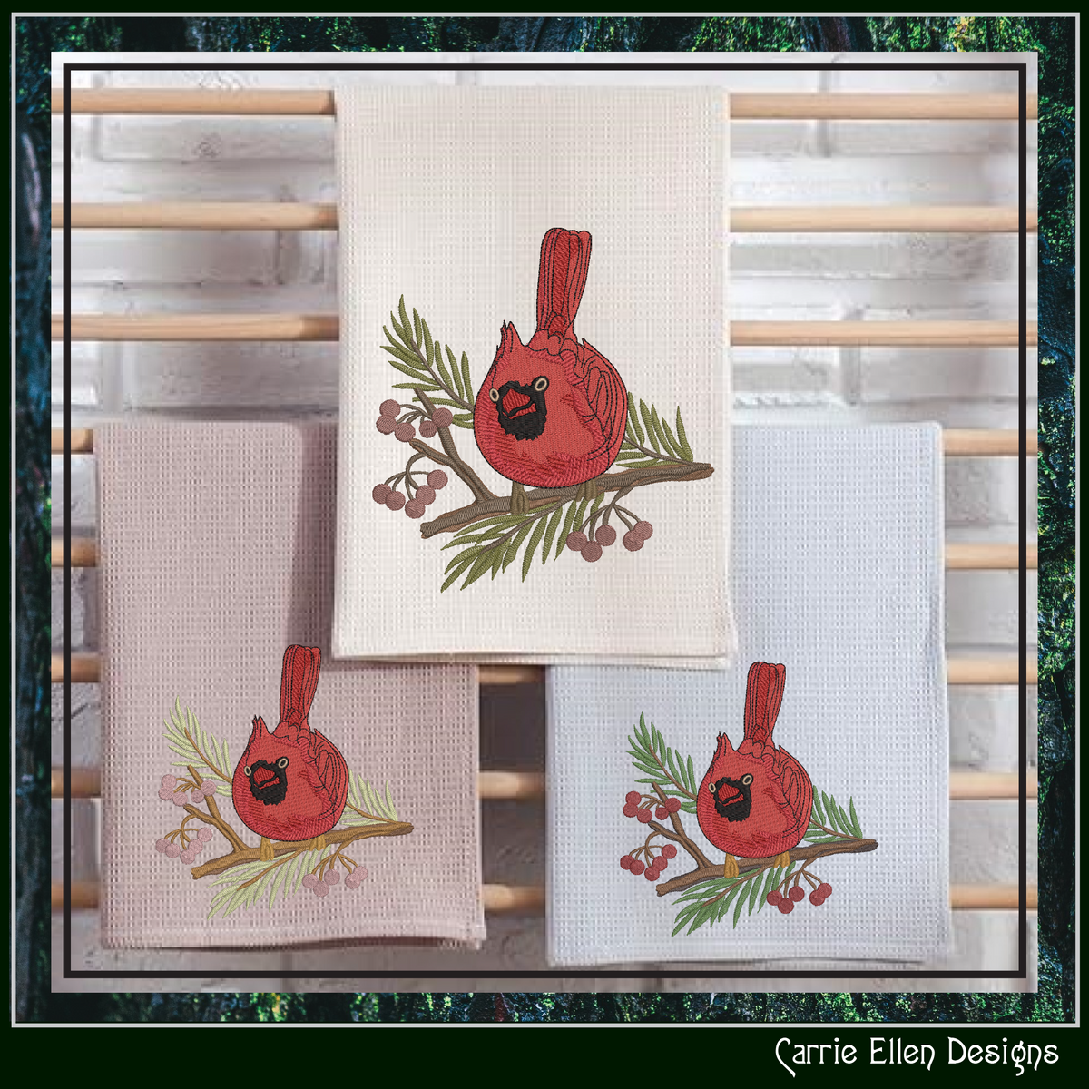 Red Cardinal on Pine Branch with Winter Berries Machine Embroidery Design, 3 Sizes (3071)