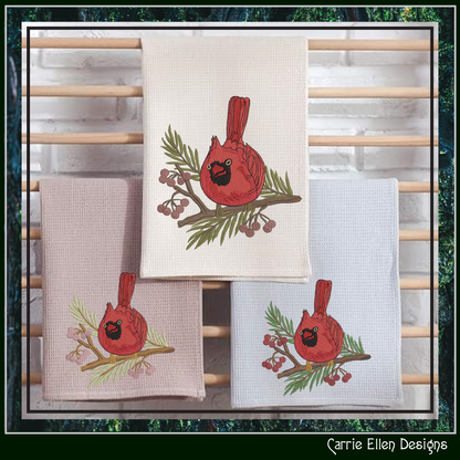 Red Cardinal on Pine Branch with Winter Berries Machine Embroidery Design, 3 Sizes (3071)