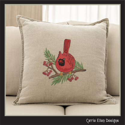 Red Cardinal on Pine Branch with Winter Berries Machine Embroidery Design, 3 Sizes (3071)