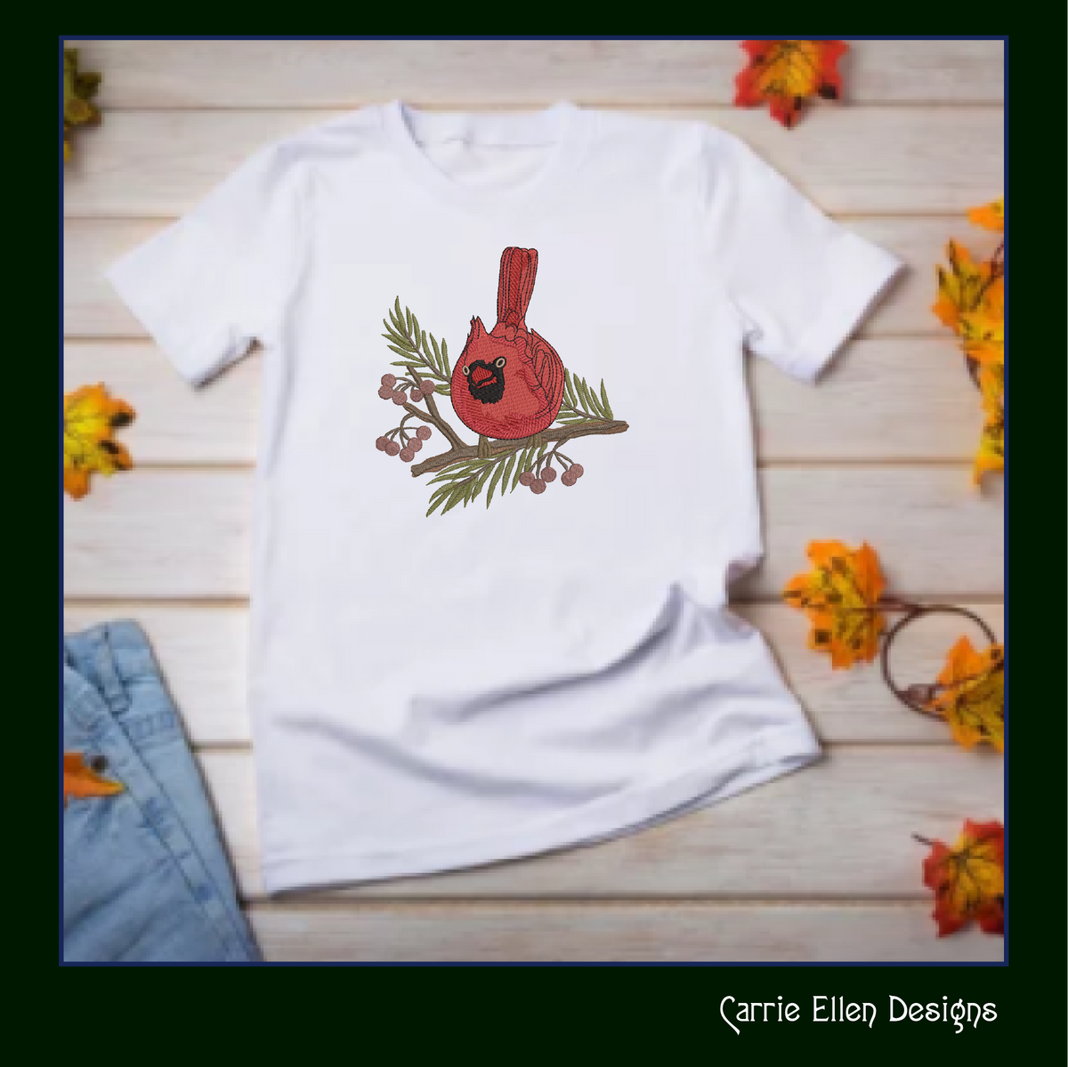 Red Cardinal on Pine Branch with Winter Berries Machine Embroidery Design, 3 Sizes (3071)