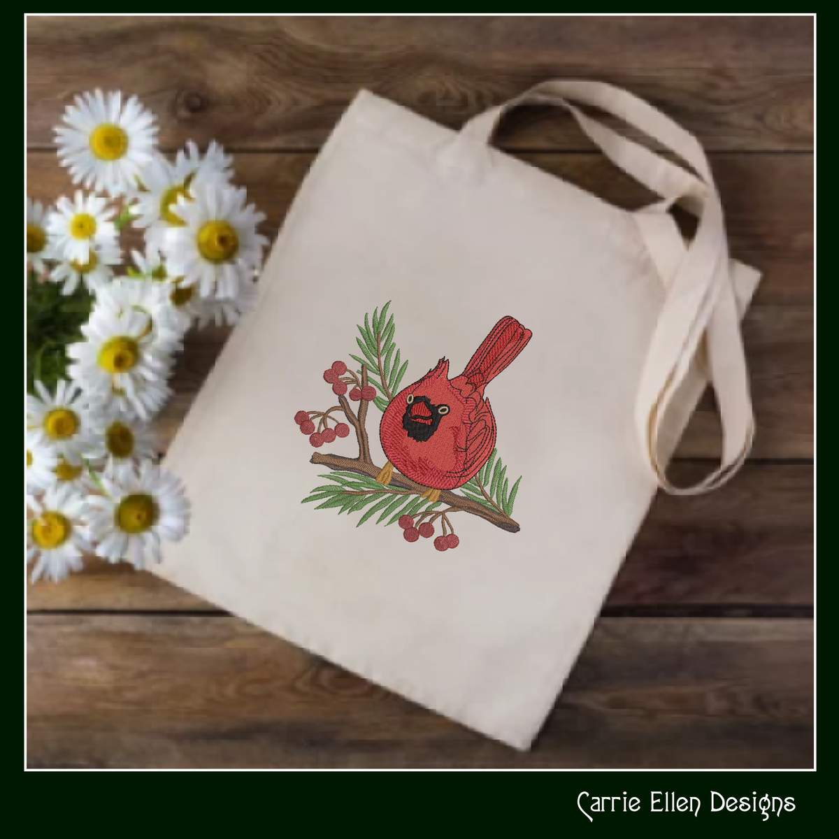 Red Cardinal on Pine Branch with Winter Berries Machine Embroidery Design, 3 Sizes (3071)