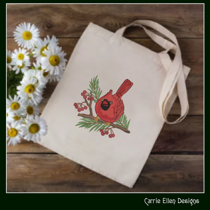 Red Cardinal on Pine Branch with Winter Berries Machine Embroidery Design, 3 Sizes (3071)