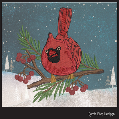 Red Cardinal on Pine Branch with Winter Berries Machine Embroidery Design, 3 Sizes (3071)
