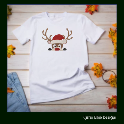Christmas Machine Embroidery Design, Reindeer in Santa Hat, Peeking Red Nose Rudolf, Holiday Cartoon, 6 Sizes (3073)