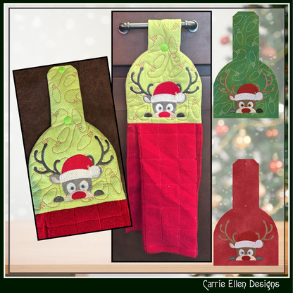 Christmas ITH Towel Topper Embroidery Design Set, Peeking Santa, Peeking Reindeer, In The Hoop Kitchen Towel Hanger Set Designs, 2 individual design files (3081)
