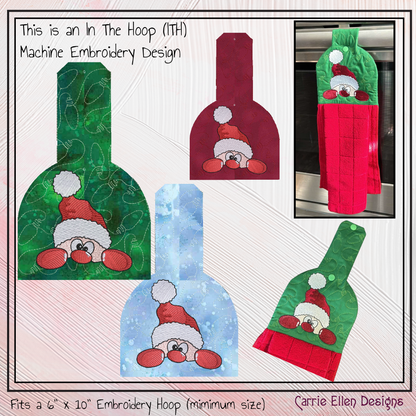 Christmas ITH Towel Topper Machine Embroidery Design, Peeking Red Nosed Santa Claus In The Hoop Kitchen Towel Hanger Design (3076)