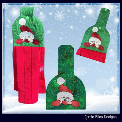 Christmas ITH Towel Topper Machine Embroidery Design, Peeking Red Nosed Santa Claus In The Hoop Kitchen Towel Hanger Design (3076)