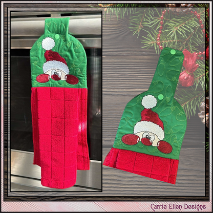 Christmas ITH Towel Topper Machine Embroidery Design, Peeking Red Nosed Santa Claus In The Hoop Kitchen Towel Hanger Design (3076)