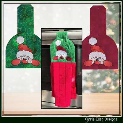 Christmas ITH Towel Topper Machine Embroidery Design, Peeking Red Nosed Santa Claus In The Hoop Kitchen Towel Hanger Design (3076)