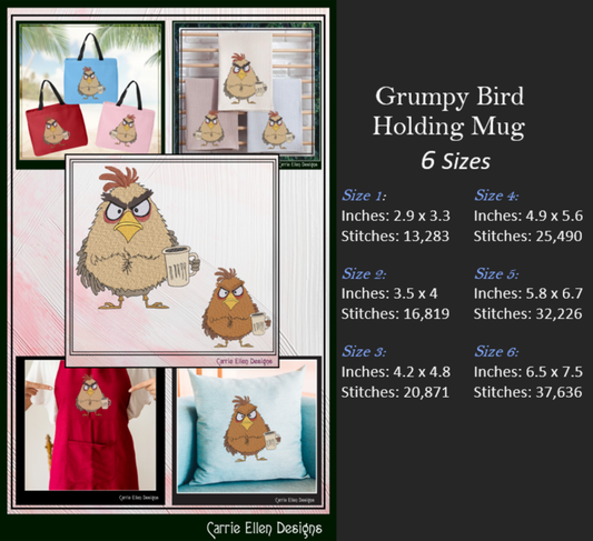 Seriously Grumpy Bird Holding Mug Machine Embroidery Design – Funny Bird Design, 6 Sizes (3078)