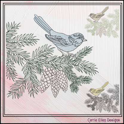 Bird on Pine Tree Branch Embroidery Design | Nature-Inspired Machine Stitch Pattern, 6 Sizes  (3114)