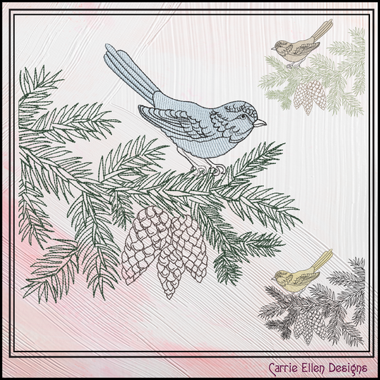 Bird on Pine Tree Branch Embroidery Design | Nature-Inspired Machine Stitch Pattern, 6 Sizes  (3114)