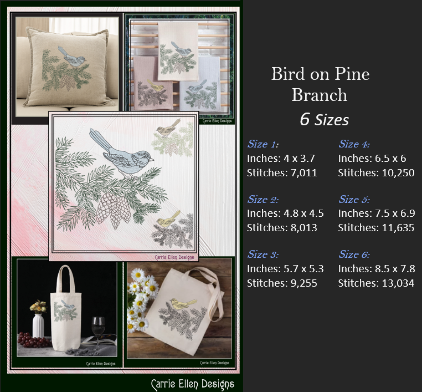 Bird on Pine Tree Branch Embroidery Design | Nature-Inspired Machine Stitch Pattern, 6 Sizes  (3114)