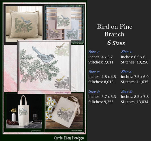 Bird on Pine Tree Branch Embroidery Design | Nature-Inspired Machine Stitch Pattern, 6 Sizes  (3114)