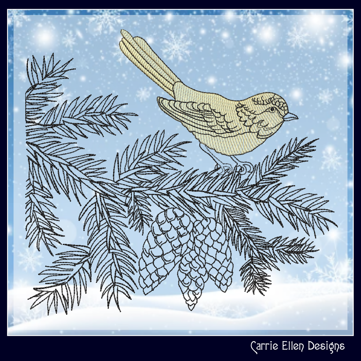 Bird on Pine Tree Branch Embroidery Design | Nature-Inspired Machine Stitch Pattern, 6 Sizes  (3114)