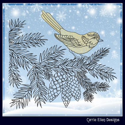 Bird on Pine Tree Branch Embroidery Design | Nature-Inspired Machine Stitch Pattern, 6 Sizes  (3114)
