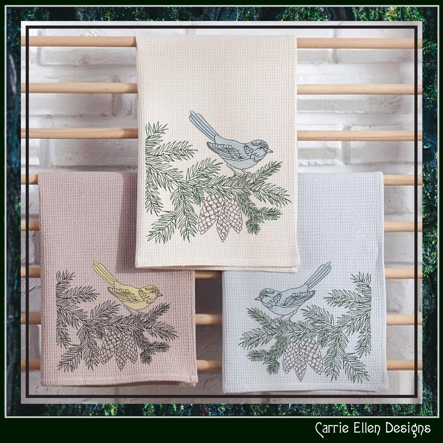Bird on Pine Tree Branch Embroidery Design | Nature-Inspired Machine Stitch Pattern, 6 Sizes  (3114)