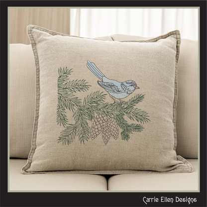 Bird on Pine Tree Branch Embroidery Design | Nature-Inspired Machine Stitch Pattern, 6 Sizes  (3114)