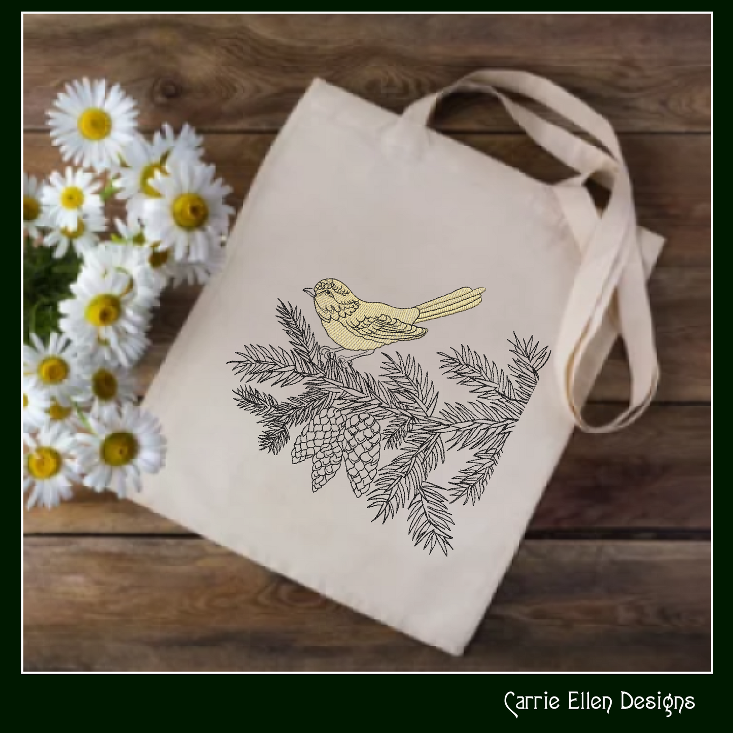 Bird on Pine Tree Branch Embroidery Design | Nature-Inspired Machine Stitch Pattern, 6 Sizes  (3114)