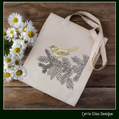 Bird on Pine Tree Branch Embroidery Design | Nature-Inspired Machine Stitch Pattern, 6 Sizes  (3114)