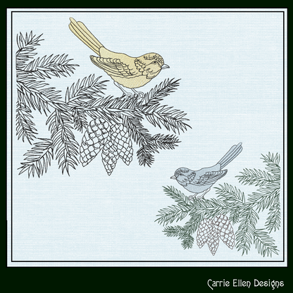 Bird on Pine Tree Branch Embroidery Design | Nature-Inspired Machine Stitch Pattern, 6 Sizes  (3114)