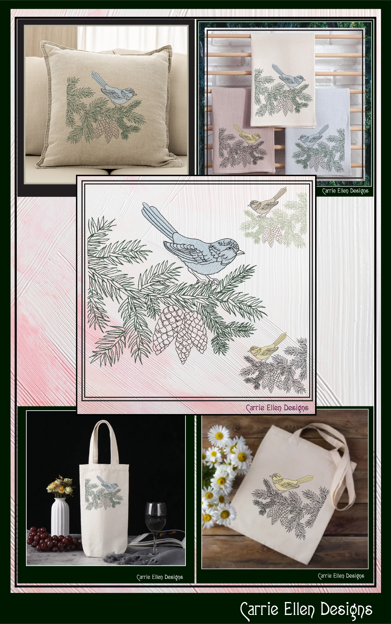 Bird on Pine Tree Branch Embroidery Design | Nature-Inspired Machine Stitch Pattern, 6 Sizes  (3114)