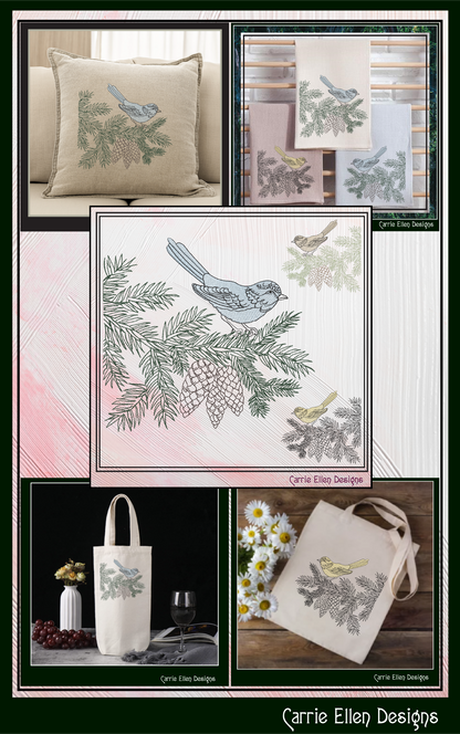 Bird on Pine Tree Branch Embroidery Design | Nature-Inspired Machine Stitch Pattern, 6 Sizes  (3114)