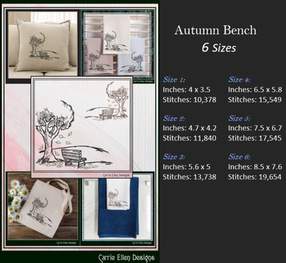 Park Bench Machine Embroidery Design, Autumn Season Line Art Drawing, Falling Leaves and Bench Design, 6 Sizes (3149)