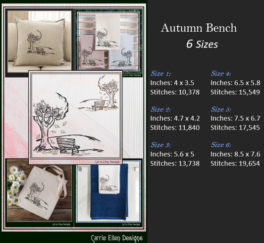Park Bench Machine Embroidery Design, Autumn Season Line Art Drawing, Falling Leaves and Bench Design, 6 Sizes (3149)
