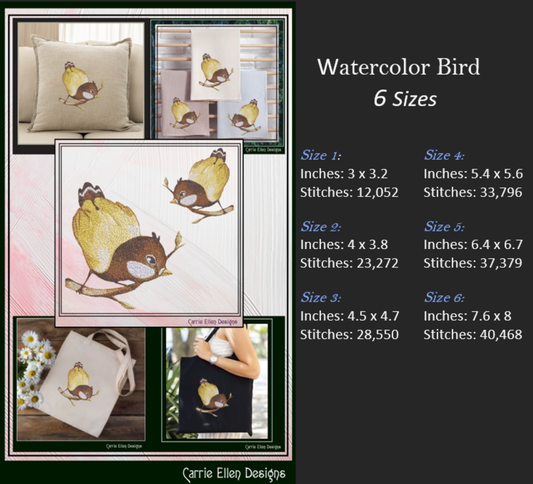 Bird Machine Embroidery Design, Artistic Watercolor Photo Stitch Bird, Nature Lover Gift, 6 Sizes (3164)