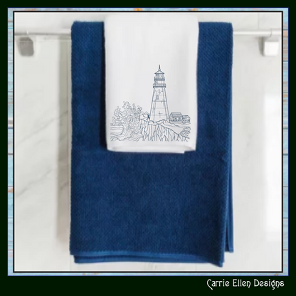 Lighthouse Embroidery Design – Cliffside Lighthouse Sketch, Coastal Island Design, 6 Sizes (3179)