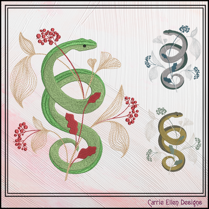 Decorative Snake Machine Embroidery Design, Snake Entwined with Leaves and Flowers, 6 Sizes (3205)