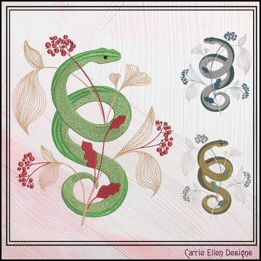 Decorative Snake Machine Embroidery Design, Snake Entwined with Leaves and Flowers, 6 Sizes (3205)