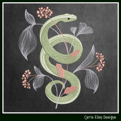 Decorative Snake Machine Embroidery Design, Snake Entwined with Leaves and Flowers, 6 Sizes (3205)