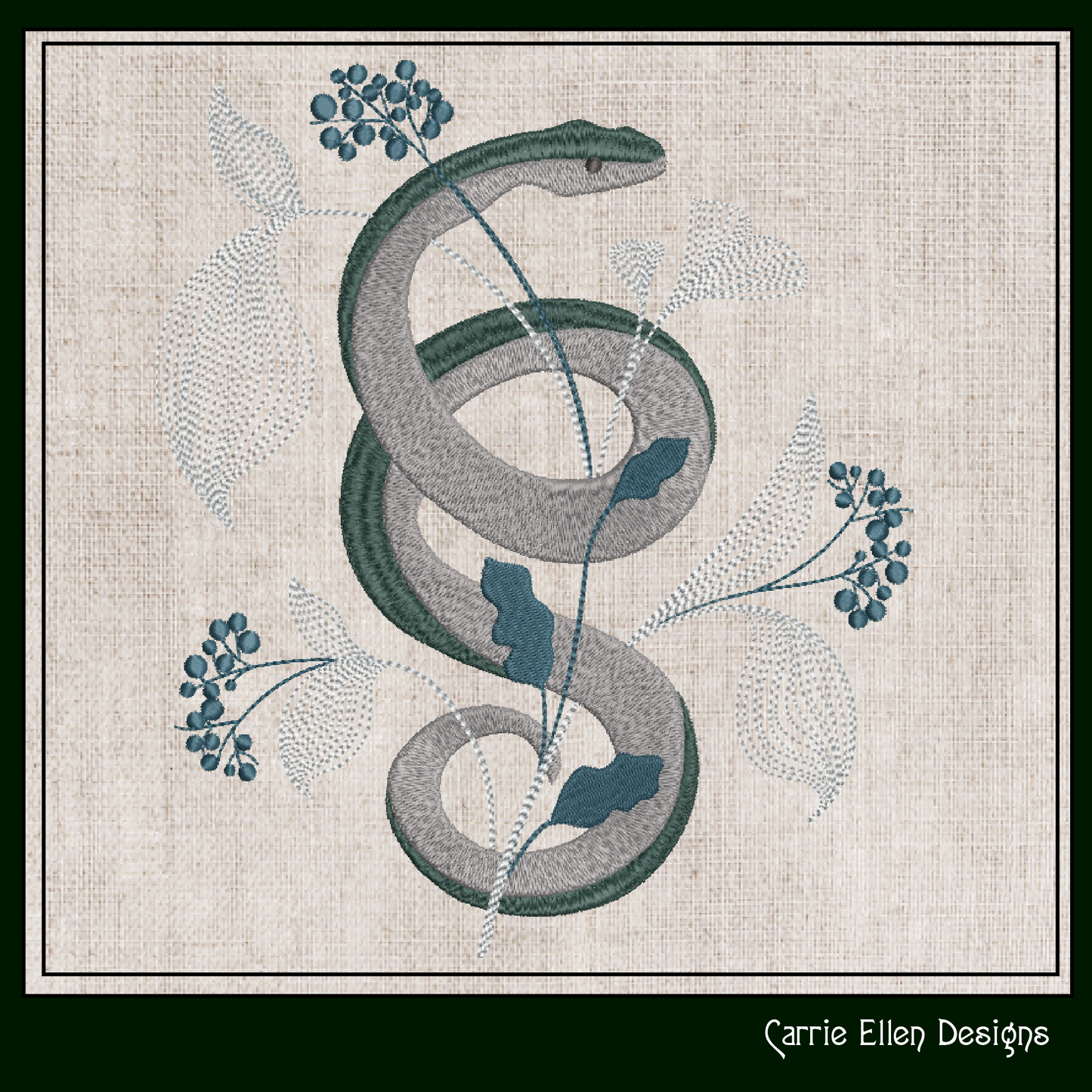 Decorative Snake Machine Embroidery Design, Snake Entwined with Leaves and Flowers, 6 Sizes (3205)