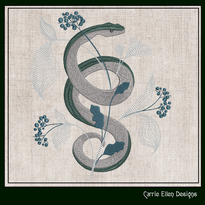 Decorative Snake Machine Embroidery Design, Snake Entwined with Leaves and Flowers, 6 Sizes (3205)