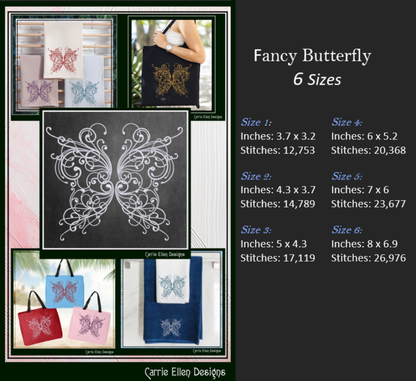 Butterfly Machine Embroidery Design, Swirled Winged Floral Winged Decorative Butterfly Pattern, 6 Sizes (3213)