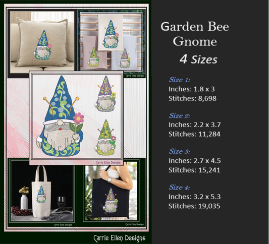Garden Bee Gnome Machine Embroidery Design, Bees and Flowers Garden Gnome Pattern, 6 Sizes (3245)