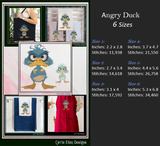 Grumpy Duck with Attitude Machine Embroidery Design – Angry Farm Bird, Silly Animal Pattern, 6 Sizes, (3271)