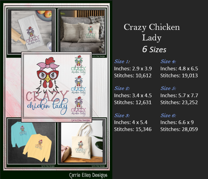 Crazy Chicken Lady Machine Embroidery Design – Funny Bird Saying | Sarcastic Farm Animal Humor, 6 Sizes (3430)