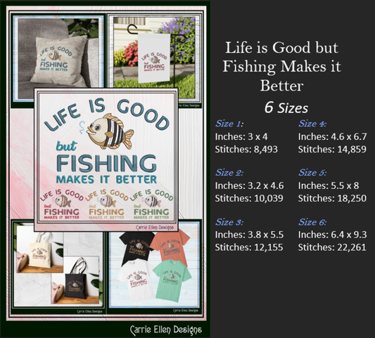 Life Good but Fishing is Better Machine Embroidery Design – Funny Fishing Quote Pattern, 6 Sizes (3432)