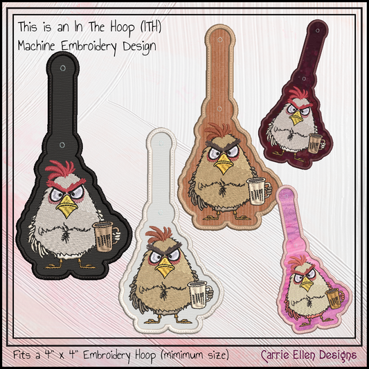 Grumpy Bird ITH Key Fob Machine Embroidery Design | Coffee Loving Bird with Attitude In-The-Hoop Key Tag  (3453)